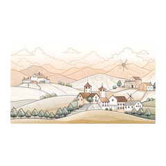 Countryside Village Illustration Featuring Windmills, Hills, Towers, Trees, Clouds, and Peaceful Rural Architecture Scene