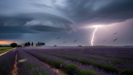 A dramatic lightning storm strikes over a vast lavender field at dusk, illuminating dark storm clouds and purple rows of flowers near a distant farmhouse on the horizon.