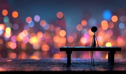 Silhouette figure sitting alone on bench against bokeh background