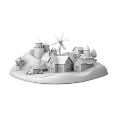 3D Village Scene Featuring Windmill, Barn, Silo, Trees, Hills, and Monochrome Rural Architecture Design