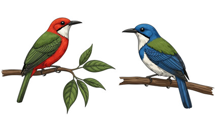 Vibrant Avians on a Branch: Two strikingly colored birds, one crimson and the other azure, perch on separate branches.