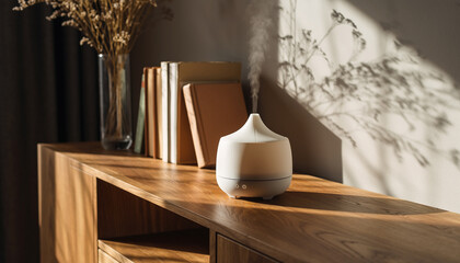 Modern fragrance diffuser for aromatherapy at home, electronic smart device to nebulize essential oils and fragrances inside and control via smartphone for wellness and perfume smell on sideboard