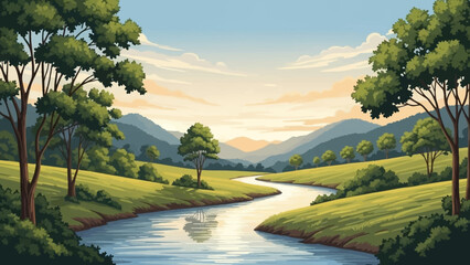 Serene River Flow: A picturesque river meanders through a valley, embraced by lush green hills, trees and under a soft sky.