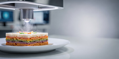 3D food printer operates in sterile clinical laboratory creating multi layered meal. This futuristic machine represents innovation in food technology and personalized nutrition