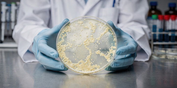 Focused researcher holding petri dish with bacteria in modern clinical laboratory. This microbiology work and nutrition research advances scientific discovery - Powered by Adobe