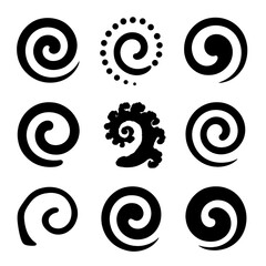 Collection of black spiral designs on gradient background