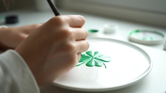 Close-up of a person's hand painting a bright green four-leaf clover design on a white ceramic plate