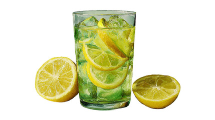 Lemon beverage with ice cubes, lemon slices in glass, refreshment drink served on white background
