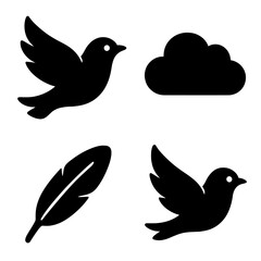 Black silhouettes of bird, cloud, feather on dark background