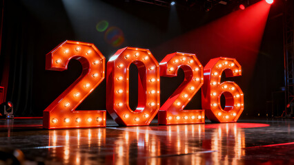 Large illuminated red numbers 2026 on a dark stage with spotlight, celebrating the new year.