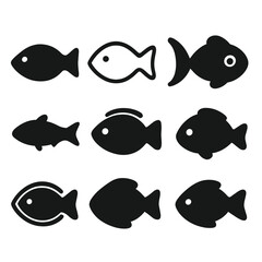Black silhouette fish icons on gray background for design projects