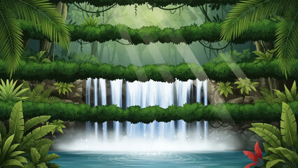 Hidden Falls: Lush, vibrant illustration of a waterfall cascading into a clear pool, surrounded by dense jungle vegetation. Rays of sunlight pierce through the canopy, adding to the allure.
