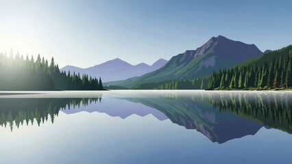 Serene Mountain Lake: A picturesque landscape showcasing a tranquil lake reflecting the majestic mountain range and evergreen forest under a clear sky. A perfect escape.