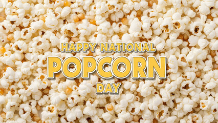 Happy national popcorn day greeting card text on white popped corn background. Top view food texture pattern for cinema holiday design. Salty snack wallpaper