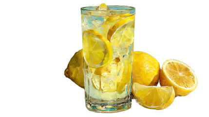 Lemon beverage in glass with ice on white background, liquid refreshment and yellow citrus slices