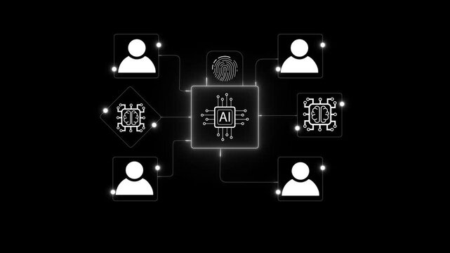Hand Touching a Glowing Cogwheel with a Checkmark in a Network of Interconnected Icons Representing Automated Business Processes, Data Management, and Digital platform animation on a black background