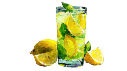 Yellow lemon drink with ice cubes and mint leaves in glass, White background, Isolated