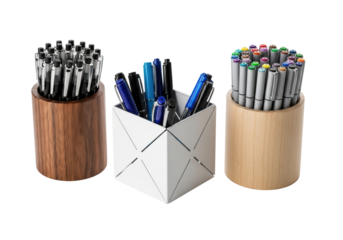 Commercial close-up of contrasting wooden and geometric pen holders filled with organized stationery, crisp high-key rim lighting on a transparent background. Concept of precision and functional