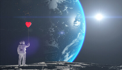 Astronaut standing on the Moon holding a red heart balloon looking at Earth, Valentine's Day space concept
