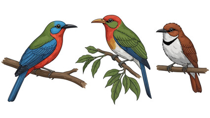 Colorful Avian Trio: Captivating illustrations showcasing vibrant birds perched elegantly on slender branches, their plumage displaying an array of dazzling colors.
