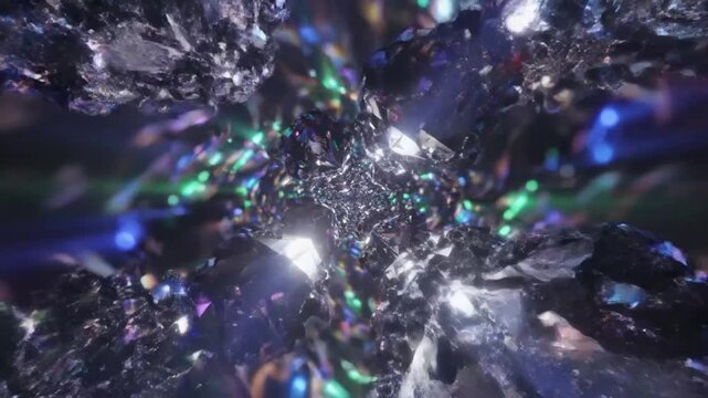 Abstract sparkling tunnel through iridescent crystallized surfaces with colorful light reflections and intricate texture