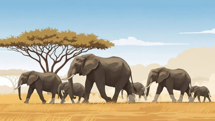 Elephant Family Caravan in Savannah: A majestic procession of African elephants traverses the golden savanna under a bright, cloud-streaked sky, exemplifying family bonds and the beauty of the wild.