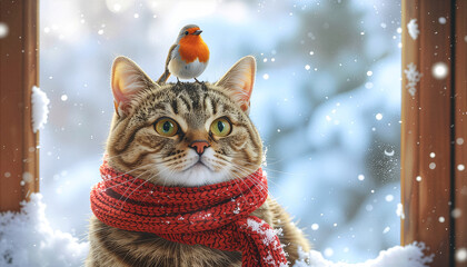 Cute cat in red scarf with robin bird on head sitting by window in winter, Valentine's Day friendship concept