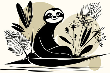 Charming Sloth Illustration Surrounded by Tropical Foliage