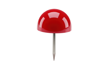 Single ruby red glossy push pin (thumbtack) with a sharp silver metallic tip in extreme macro close-up, resting on a transparent studio background with copy space. Concept of precision and utility