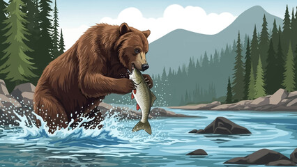 Bear Captures its Prey: A powerful brown bear, engaged in a dramatic moment, emerges from a freshwater body with a silver fish in its jaws, the essence of the wild.