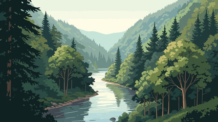Serene Valley: Capturing the calm and gentle flow of a river winding through a lush, tree-covered valley, inviting viewers to immerse themselves in nature's beauty and tranquility.