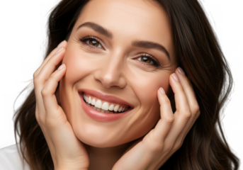 Woman smiling with hands on face isolated on transparent background