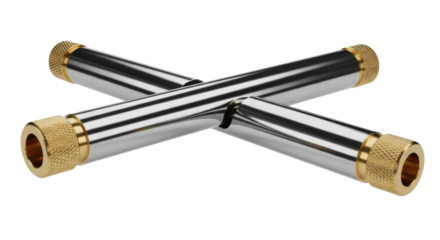 macro shot of two parallel polished brass rods, highly reflective, isolated against a transparent background, subtle knurling detail, focused technical framing. concept of industrial