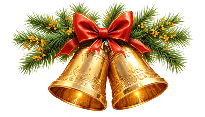 A festive illustration of golden Christmas bells adorned with a red bow and evergreen branches.