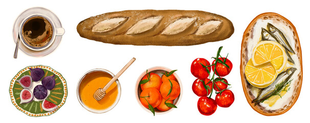 An Italian caf&eacute;-style breakfast set with dessert includes bread, appetizers, honey, pickled olives, fruit, oranges, and tomatoes. Hand-drawn on a transparent background.
