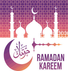 Fototapeta premium A colorful illustration of a mosque with a crescent moon and stars for Ramadan Kareem