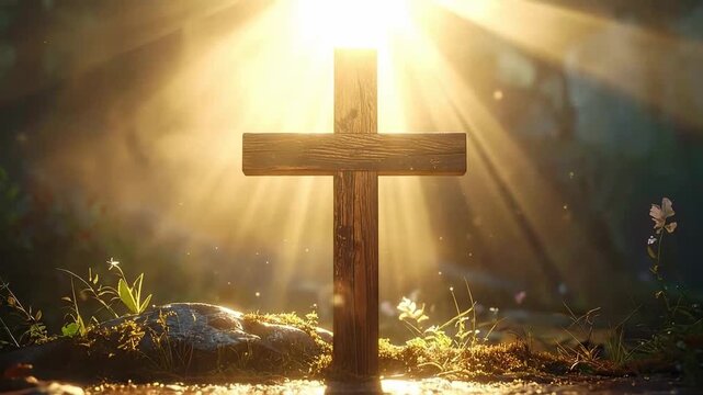 Wooden cross stands in a sunlit forest, representing faith and spirituality in nature.