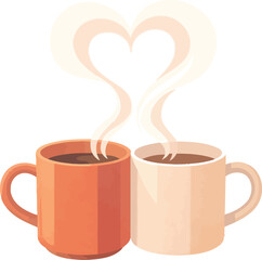 Two Coffee Mugs with Heart Shaped Steam Concept Illustration