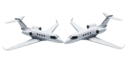 two sleek ceramic-white v-tail private jets performing a high-speed crossing maneuver, low-angle octane render emphasizing high contrast and sharp focus. concept of cutting-edge aerospace design