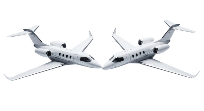 two sleek ceramic-white v-tail private jets performing a high-speed crossing maneuver, low-angle octane render emphasizing high contrast and sharp focus. concept of cutting-edge aerospace design
