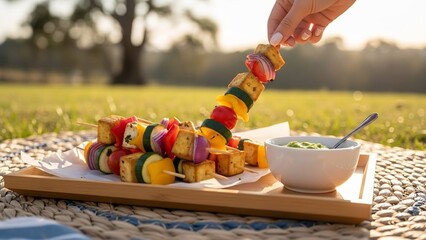 Hand reaching for grilled tofu and vegetable skewers with a side of green dip, set animated movie on a picnic blanket in a grassy field.