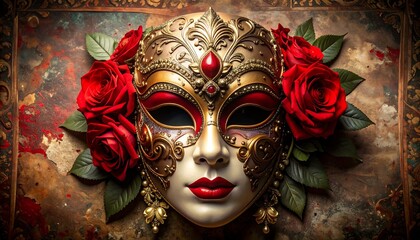 Venetian Mask with Red Roses Decoration.