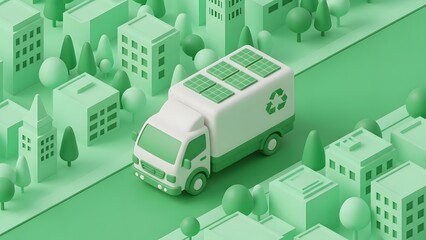 Eco-friendly delivery truck with solar panels on roof in green city