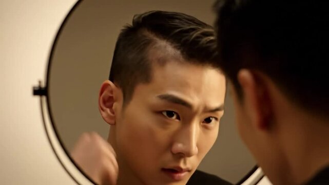 Man examining hairline in mirror, concerned expression