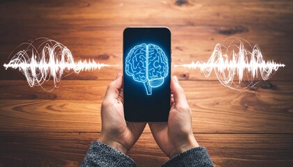 Person holding smartphone with brain and sound wave graphics on screen
