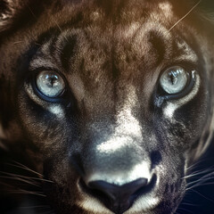 A hyperrealistic close-up of a panther&rsquo;s face nearly vanishing into a pure black background. Only its silver-edged fur and piercing white reflections in the eyes are visible. Every whisker and contour