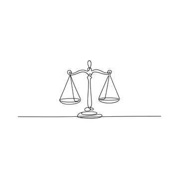 A single line drawing depicting a classic balance scale with two pans