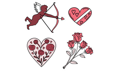 Valentine's Day Love Symbols Collection with Cupid, Hearts, and Roses