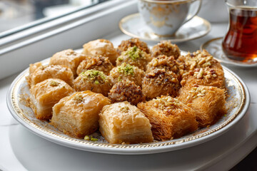 Assorted traditional pastries arranged on a decorative plate, showcasing layers of flaky dough, nuts, and syrup, perfect for celebrations and gatherings with rich cultural significance