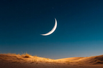 Crescent moon illuminates serene desert landscape at night, with gentle sand dunes and a starry sky creating a tranquil atmosphere for relaxation and reflection